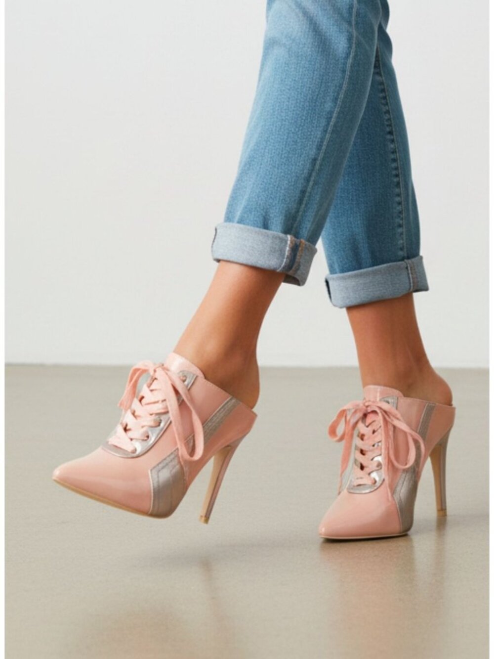 Pink & Silver Pointed Toe Lace-Up Stiletto Heel Mules For Women